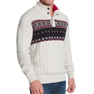 Chaps Ivory Black Red Fair Isle Button Mock Neck Pull Over Sweater Size Small